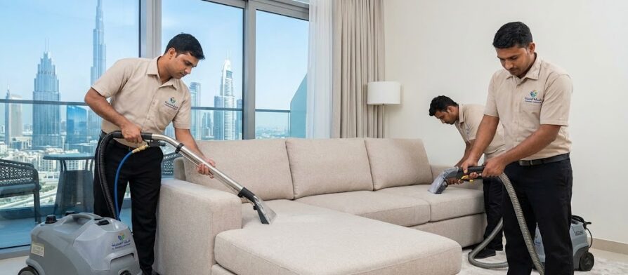 فريق عمل شركة المدينة يقوم بغسيل وتعقيم الكنب بالبخار، وهي أفضل شركة تنظيف كنب في القوز بدبي لإزالة البقع الصعبة.