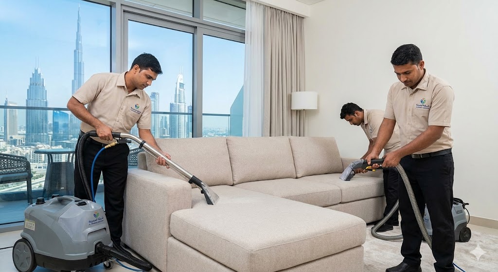 فريق عمل شركة المدينة يقوم بغسيل وتعقيم الكنب بالبخار، وهي أفضل شركة تنظيف كنب في القوز بدبي لإزالة البقع الصعبة.