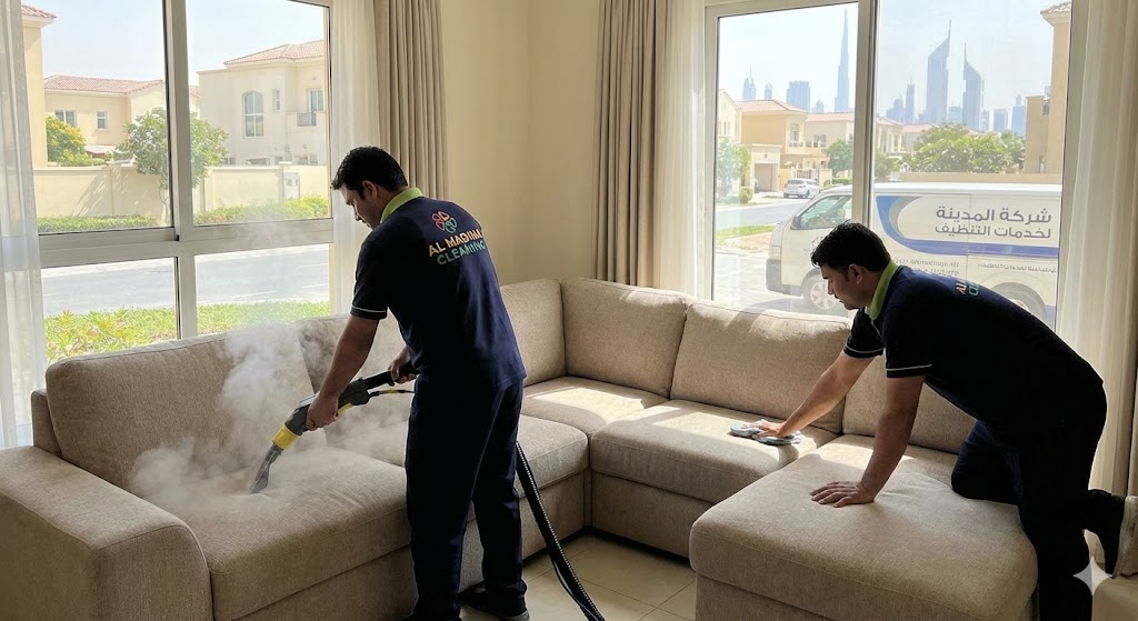 النص البديل (Alt Text)عمال شركة المدينة يقومون بتنظيف وتعقيم الكنب الفاتح بالبخار، كأفضل شركة تنظيف كنب في المرقاب.