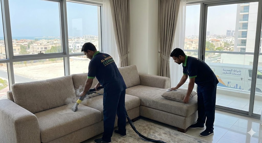 فريق عمل شركة المدينة أثناء تنظيف وغسيل الكنب بالبخار، كأفضل شركة تنظيف كنب في الممر.