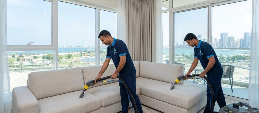 عمال شركة المدينة ينظفون كنب بالبخار في شقة تطل على حديقة وشاطئ الممزر، بصفتها أفضل شركة تنظيف كنب في الممزر بدبي.