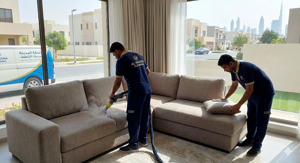 عمال شركة المدينة يقومون بتنظيف وتعقيم الكنب الفاتح بالبخار، كأفضل شركة تنظيف كنب في المنجم.