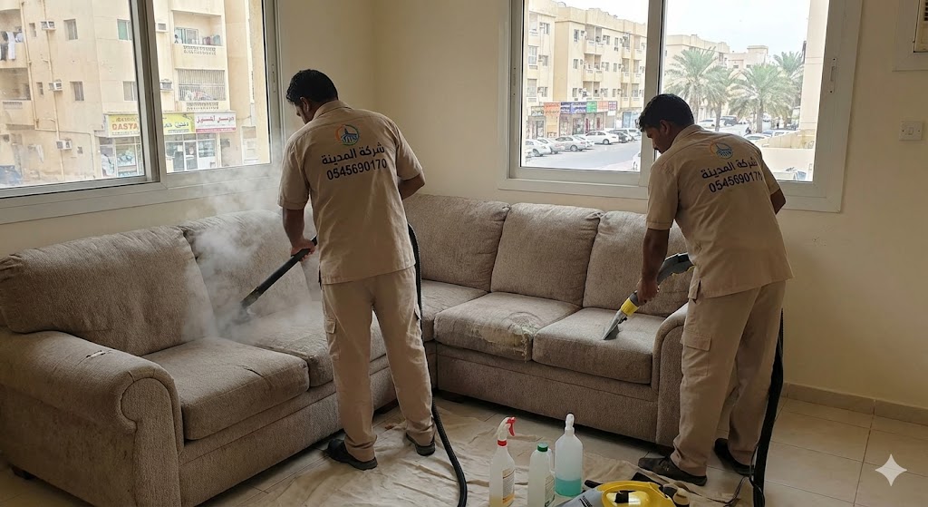 فريق شركة المدينة يقوم بغسيل كنب بالبخار داخل شقة سكنية تطل على شوارع المنطقة، موضحاً جودة خدمات أفضل شركة تنظيف كنب في النخيل المتخصصة في إزالة رطوبة البحر والروائح.