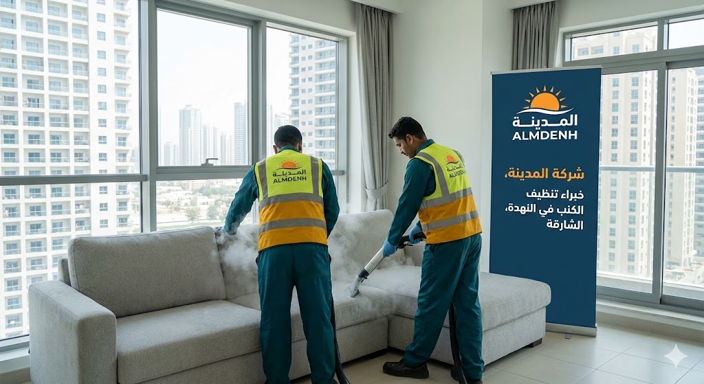 عمال شركة المدينة، بصفتها شركة تنظيف كنب في النهدة بالشارقة، يغسلون كنباً فاتح اللون بالبخار في شقة ذات إطلالة على أبراج المدينة، مع ظهور لافتة الشركة.