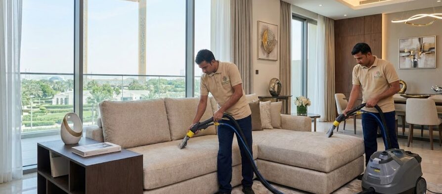 عمال شركة المدينة يقومون بتنظيف وتعقيم طقم كنب في مجلس فيلا، بصفتها أفضل شركة تنظيف كنب في الورقاء بدبي.