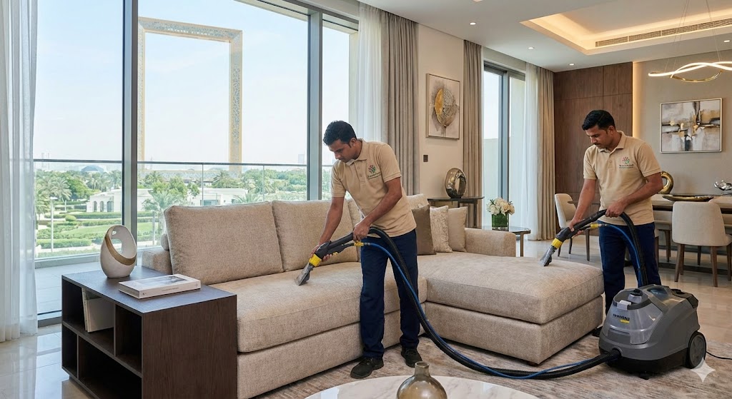 عمال شركة المدينة يقومون بتنظيف وتعقيم طقم كنب في مجلس فيلا، بصفتها أفضل شركة تنظيف كنب في الورقاء بدبي.