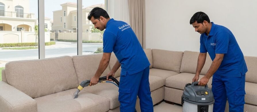 فريق عمل شركة المدينة بزي موحد يقوم بغسيل كنب بالبخار داخل فيلا، مما يمثل خدمات أفضل شركة تنظيف كنب في الياسمين لتعقيم المفروشات وإزالة البقع.