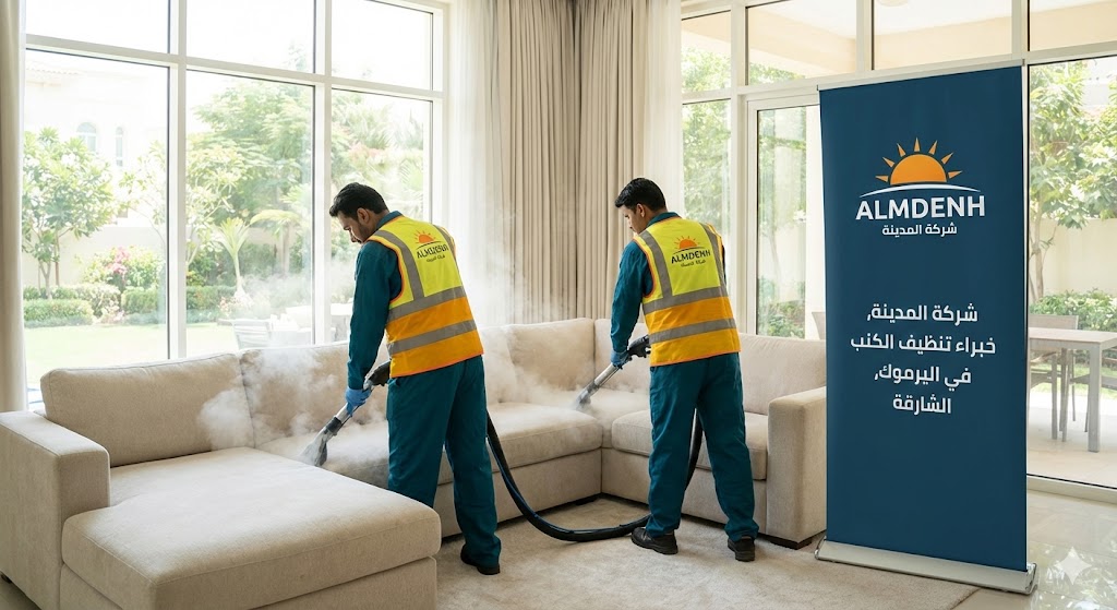 عمال شركة المدينة، بصفتها شركة تنظيف كنب في اليرموك بالشارقة، يغسلون كنب زاوية فاتح اللون بالبخار بجوار لافتة تحمل شعار الشركة.