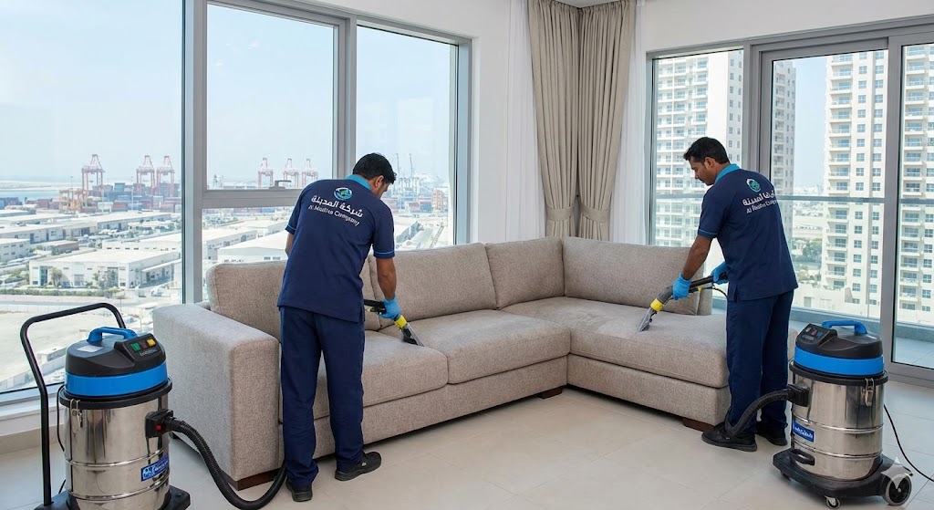 فريق شركة المدينة ينظف كنب بالبخار في شقة تطل على ميناء جبل علي، بصفتها أفضل شركة تنظيف كنب في جبل علي للمنازل والشركات.