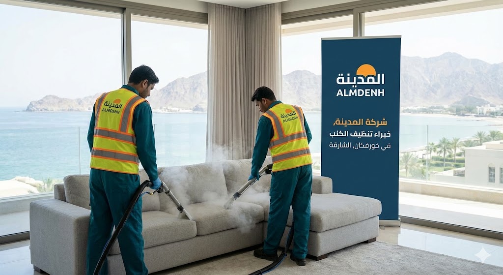 عمال شركة المدينة، بصفتها شركة تنظيف كنب في خورفكان، يقومون بتنظيف كنب فاتح اللون بالبخار في غرفة ذات إطلالة بانورامية على البحر والجبال، بجوار لافتة تحمل شعار الشركة.