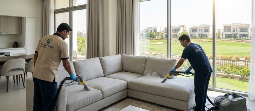 فريق شركة المدينة يقوم بتنظيف كنب فاخر بالبخار في فيلا مطلة على ملاعب الجولف، كوننا أفضل شركة تنظيف كنب في داماك هيلز بدبي.