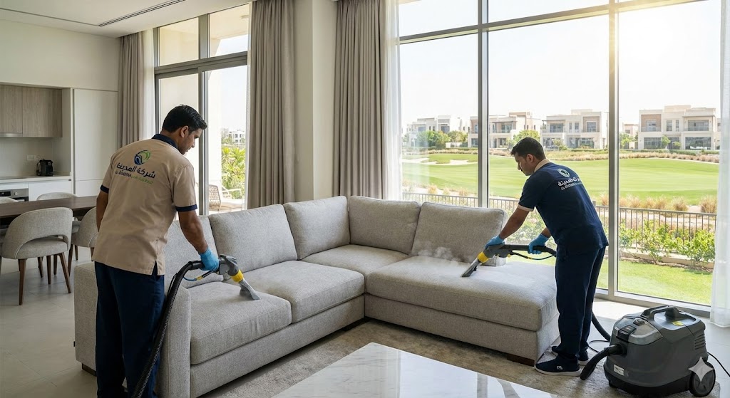 فريق شركة المدينة يقوم بتنظيف كنب فاخر بالبخار في فيلا مطلة على ملاعب الجولف، كوننا أفضل شركة تنظيف كنب في داماك هيلز بدبي.