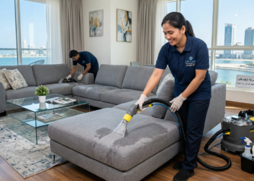فنيو شركة تنظيف كنب في راس الخيمة ينظفون أريكة حديثة بآلة احترافية في شقة تطل على البحر.
