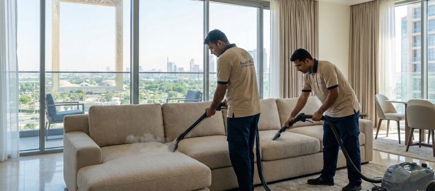 فريق شركة المدينة ينظف كنب بالبخار في شقة تطل على برواز دبي، بصفتها أفضل شركة تنظيف كنب في زعبيل لخدمات التعقيم.