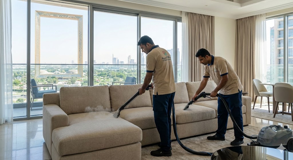 فريق شركة المدينة ينظف كنب بالبخار في شقة تطل على برواز دبي، بصفتها أفضل شركة تنظيف كنب في زعبيل لخدمات التعقيم.