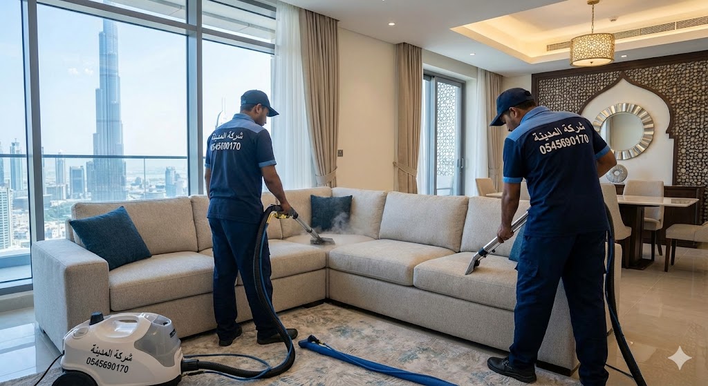 فريق عمل شركة المدينة يقوم بغسيل وتعقيم المفروشات بالبخار داخل شقة سكنية، باعتبارها أفضل شركة تنظيف كنب في فريج الميغوي توفر خدمة فورية ومضمونة.