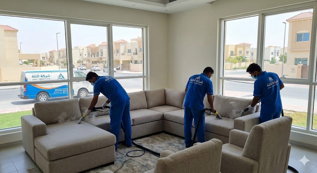 فريق عمل متخصص من شركة التلة يقوم بخدمة غسيل وتعقيم طقم كنب بالبخار داخل منزل، مما يبرز خدمات أفضل شركة تنظيف كنب في التلة بعجمان.