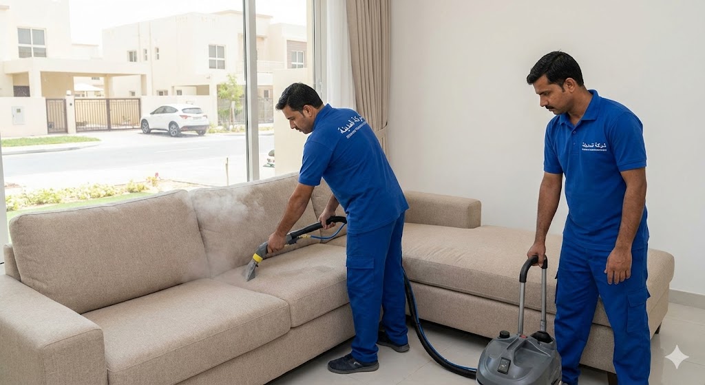 فريق عمل شركة المدينة بزي موحد يقوم بتنظيف كنب بالبخار داخل منزل سكني، مما يبرز خدمات أفضل شركة تنظيف كنب في الحليو لإزالة البقع والتعقيم.