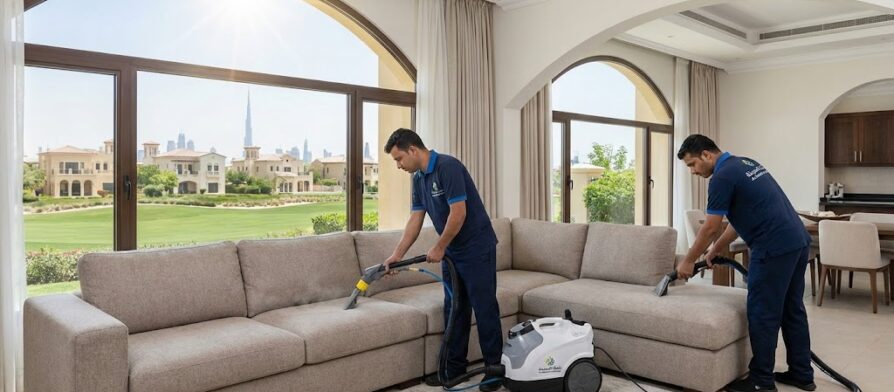 فريق شركة المدينة يقوم بتنظيف وتعقيم مجلس عربي، بصفتها أفضل شركة تنظيف كنب في الخوانيج بدبي لغسيل المفروشات.