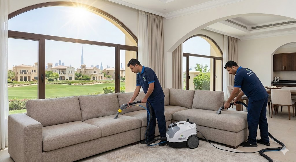 فريق شركة المدينة يقوم بتنظيف وتعقيم مجلس عربي، بصفتها أفضل شركة تنظيف كنب في الخوانيج بدبي لغسيل المفروشات.