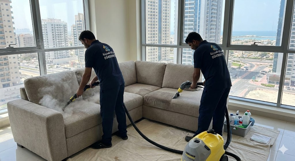 فريق عمل شركة المدينة يقوم بخدمات شركة تنظيف كنب في الراشدية داخل شقة في طابق مرتفع، مستخدمين أجهزة البخار لإزالة البقع والغبار المتراكم.