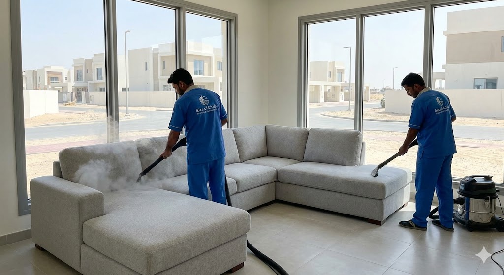 فريق عمل شركة المدينة بزي موحد يقوم بغسيل طقم كنب بالبخار داخل فيلا، مما يبرز خدمات أفضل شركة تنظيف كنب في الزاهية للتعقيم العميق.