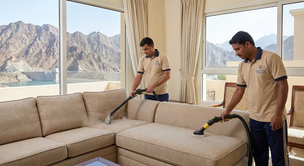 فريق شركة المدينة ينظف كنب بالبخار في منزل يطل على سد وجبال حتا، بصفتها أفضل شركة تنظيف كنب في حتا والمناطق السياحية.