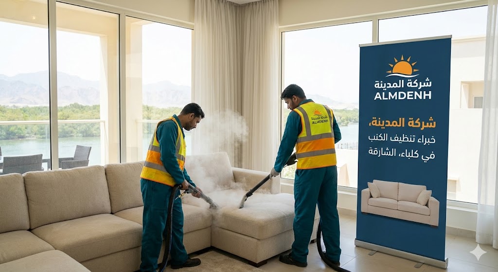 عمال شركة المدينة، بصفتها شركة تنظيف كنب في كلباء، يقومون بغسيل كنب فاتح اللون بالبخار في غرفة ذات إطلالة طبيعية خلابة، بجوار لافتة تحمل شعار الشركة.