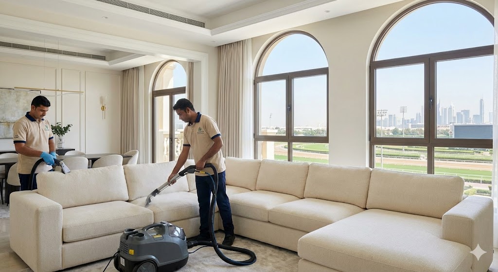 فريق شركة المدينة يقوم بتنظيف كنب ومجالس في فيلا فاخرة تطل على مضمار السباق، بصفتها أفضل شركة تنظيف كنب في ند الشبا بدبي.