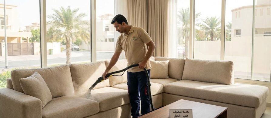 عامل من شركة المدينة، وهي شركة تنظيف كنب في الحيل، يستخدم جهاز تنظيف بالبخار لغسيل كنب بيج في غرفة معيشة مشرقة، مع ظهور لافتة توضح الخدمة والموقع.