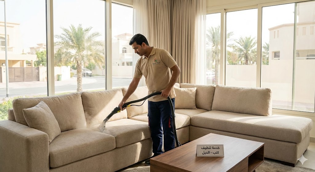 عامل من شركة المدينة، وهي شركة تنظيف كنب في الحيل، يستخدم جهاز تنظيف بالبخار لغسيل كنب بيج في غرفة معيشة مشرقة، مع ظهور لافتة توضح الخدمة والموقع.