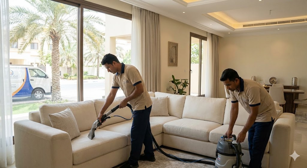 عمال نظافة محترفون يقومون بغسيل طقم كنب زاوية باستخدام معدات حديثة داخل فيلا، مما يبرز خدمات أفضل شركة تنظيف كنب في الروضة للتعقيم وإزالة البقع.