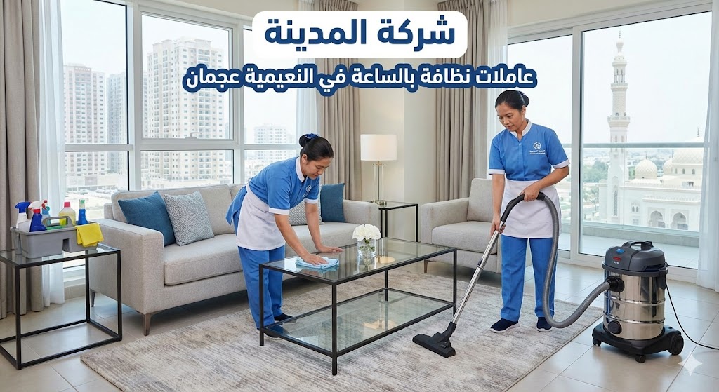 صورة توضح فريق عاملات نظافة بالساعة في النعيمية عجمان من شركة المدينة وهن يقمن بتنظيف وترتيب غرفة معيشة داخل شقة سكنية تطل على أبراج المدينة