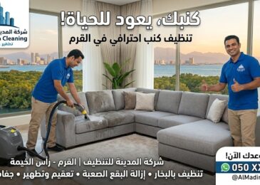 عامل فني من شركة المدينة يستخدم جهاز البخار لتقديم خدمة احترافية عبر أفضل شركة تنظيف كنب في القرم.