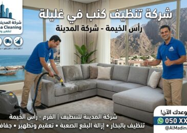 فنيو شركة المدينة يستخدمون أجهزة البخار لتنظيف وتطهير الأثاث في منزل يطل على بحر وجبال غليلة من خلال شركة تنظيف كنب في غليلة.