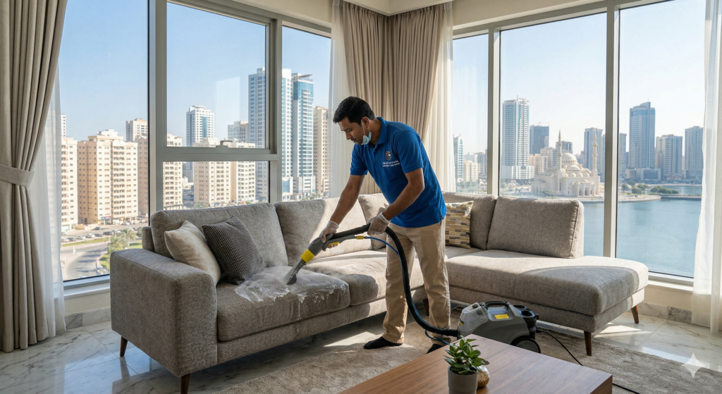 التفاصيل: فني محترف يرتدي زياً موحداً وقفازات، يستخدم جهاز التنظيف بالبخار لغسيل أريكة رمادية في شقة مطلة على بحيرة خالد، كجزء من خدمات تنظيف كنب في الشارقة.