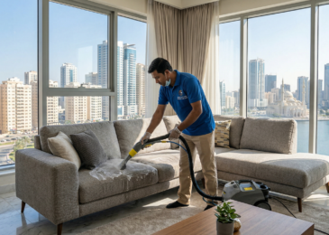 التفاصيل: فني محترف يرتدي زياً موحداً وقفازات، يستخدم جهاز التنظيف بالبخار لغسيل أريكة رمادية في شقة مطلة على بحيرة خالد، كجزء من خدمات تنظيف كنب في الشارقة.