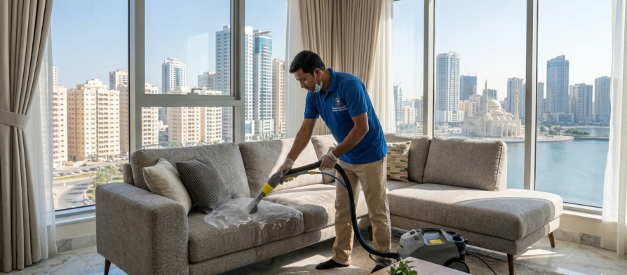 التفاصيل: فني محترف يرتدي زياً موحداً وقفازات، يستخدم جهاز التنظيف بالبخار لغسيل أريكة رمادية في شقة مطلة على بحيرة خالد، كجزء من خدمات تنظيف كنب في الشارقة.