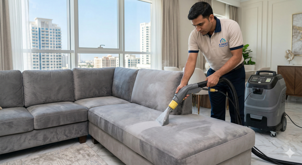 فني محترف يرتدي زيًا رسميًا ويستخدم آلة استخراج بخار حديثة لتنظيف كنب رمادي فاخر في شقة تطل على أفق مدينة عجمان الشاهق والمشمس، ضمن خدمات شركات تنظيف الكنب في عجمان.