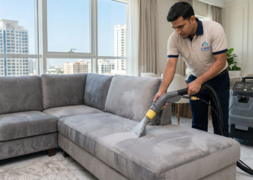 فني محترف يرتدي زيًا رسميًا ويستخدم آلة استخراج بخار حديثة لتنظيف كنب رمادي فاخر في شقة تطل على أفق مدينة عجمان الشاهق والمشمس، ضمن خدمات شركات تنظيف الكنب في عجمان.