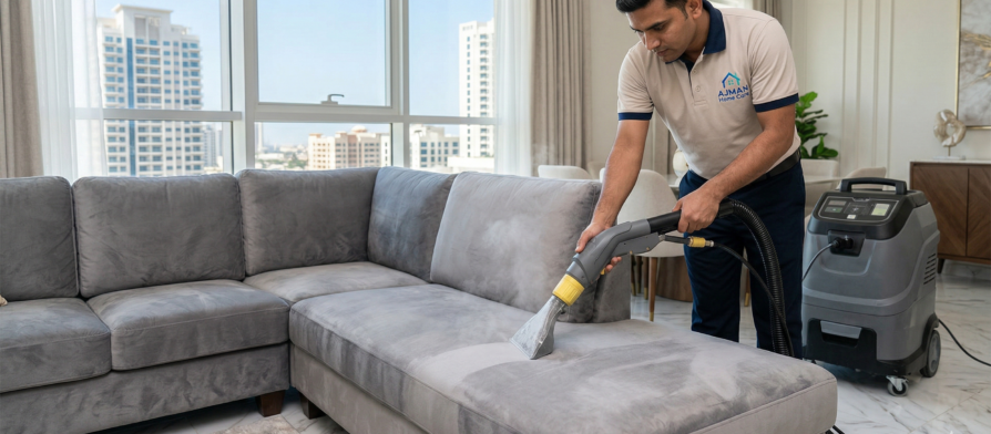 فني محترف يرتدي زيًا رسميًا ويستخدم آلة استخراج بخار حديثة لتنظيف كنب رمادي فاخر في شقة تطل على أفق مدينة عجمان الشاهق والمشمس، ضمن خدمات شركات تنظيف الكنب في عجمان.