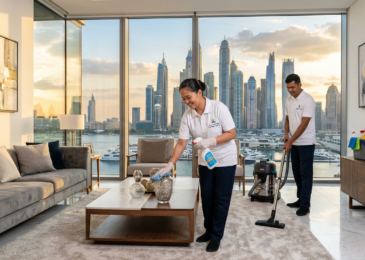 فريق عمل محترف يقدم خدمات تنظيف منازل في دبي بعد الامطار داخل شقة فاخرة مطلة على أفق المدينة.