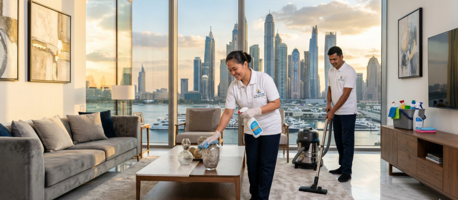 فريق عمل محترف يقدم خدمات تنظيف منازل في دبي بعد الامطار داخل شقة فاخرة مطلة على أفق المدينة.