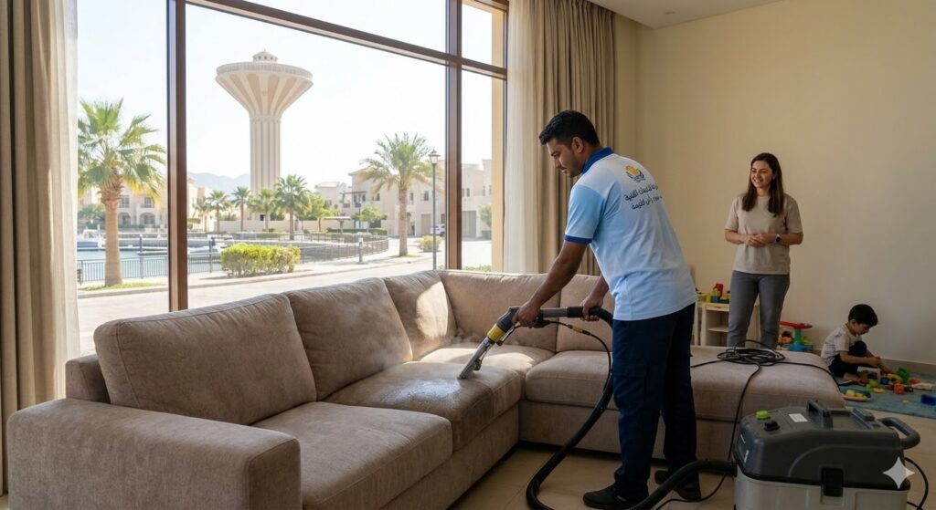 عامل محترف من شركة تنظيف كنب في الخزان ينجز أعمال غسيل وتعقيم أريكة بالبخار داخل منزل سكني ذو إطلالة خارجية.