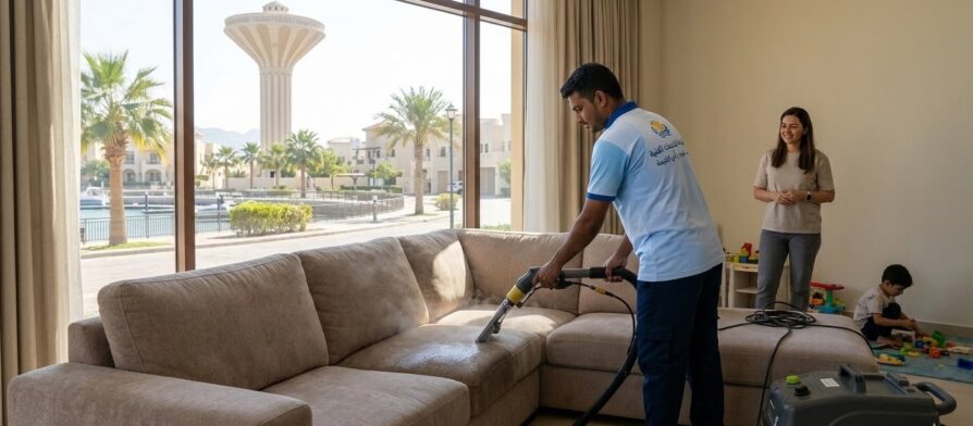 عامل محترف من شركة تنظيف كنب في الخزان ينجز أعمال غسيل وتعقيم أريكة بالبخار داخل منزل سكني ذو إطلالة خارجية.