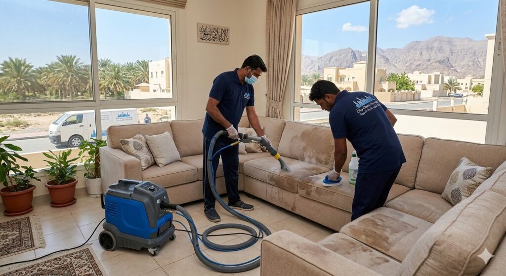 فريق عمل محترف من شركة تنظيف كنب في الدقداقة يقوم بغسيل وتعقيم الكنب بالبخار داخل مجلس إماراتي ذي إطلالة خارجية.