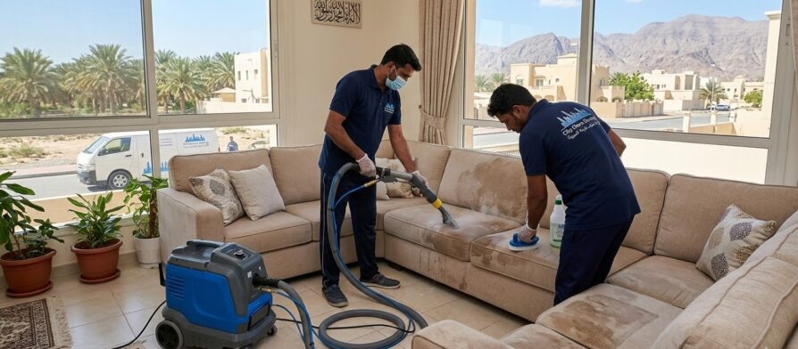 فريق عمل محترف من شركة تنظيف كنب في الدقداقة يقوم بغسيل وتعقيم الكنب بالبخار داخل مجلس إماراتي ذي إطلالة خارجية.