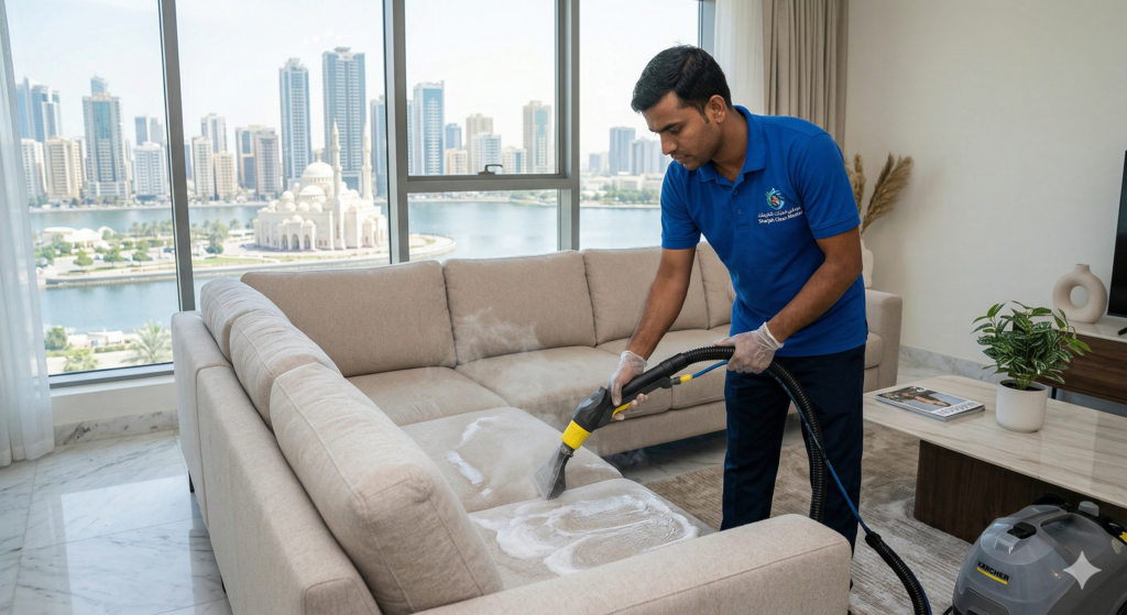 فني متخصص من شركات تنظيف الكنب في الشارقة يستخدم آلة التنظيف بالبخار لإزالة البقع من كنب أبيض في شقة تطل على واجهة المجاز المائية.