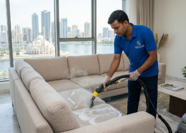 فني متخصص من شركات تنظيف الكنب في الشارقة يستخدم آلة التنظيف بالبخار لإزالة البقع من كنب أبيض في شقة تطل على واجهة المجاز المائية.