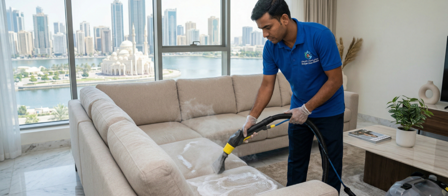 فني متخصص من شركات تنظيف الكنب في الشارقة يستخدم آلة التنظيف بالبخار لإزالة البقع من كنب أبيض في شقة تطل على واجهة المجاز المائية.